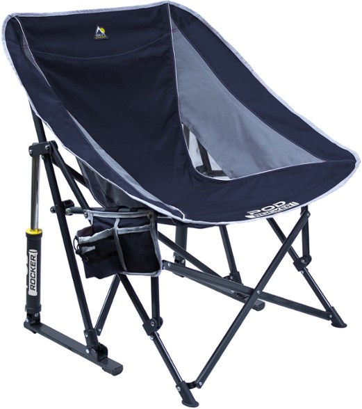 Front angle of TrailNest™ pod rocker chair fully unfolded, showing sling-style seat and cup holder