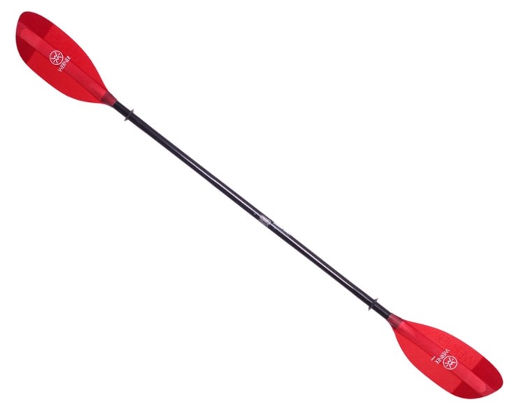 Shuna FG touring fiberglass paddle in action on calm waters, highlighting the high-angle blade design.