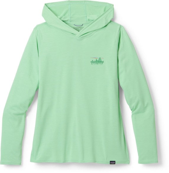 Close-up of Patagonia women's moisture-wicking hoodie fabric showing stretch and texture