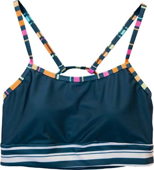 Front view of Shaka bralette swimsuit top with colorful straps and removable cups