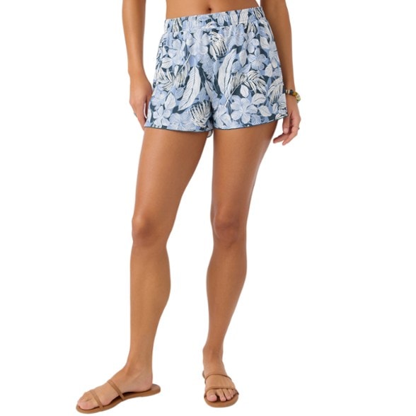 Front view of women's board shorts with elastic waist and tropical print