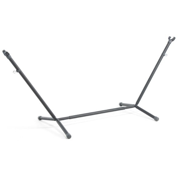 Adjustable hammock stand in a backyard setting, showcasing 8 ft. mode.