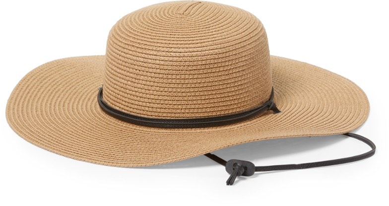 Close-up of the Global Explorer Women's Packable Sun Hat featuring its wide brim and adjustable chin strap, perfect for sunny hikes.