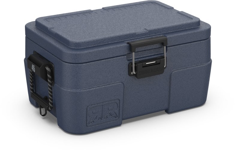 Rugged Road 45 V2 cooler with drinks inside during a camping trip.