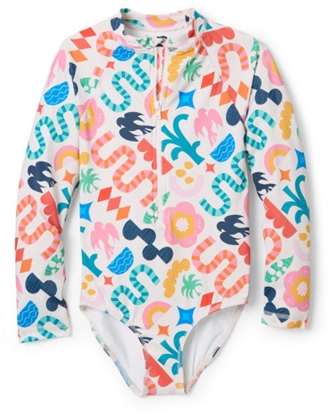 Lake Label kids' long sleeve swimsuit in bright colors, ideal for beach use.