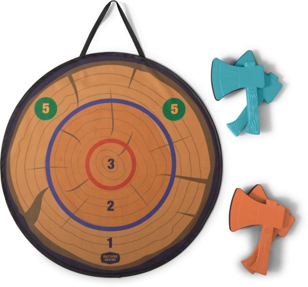 Adventure axe throwing kit with foam axes and target setup in a backyard