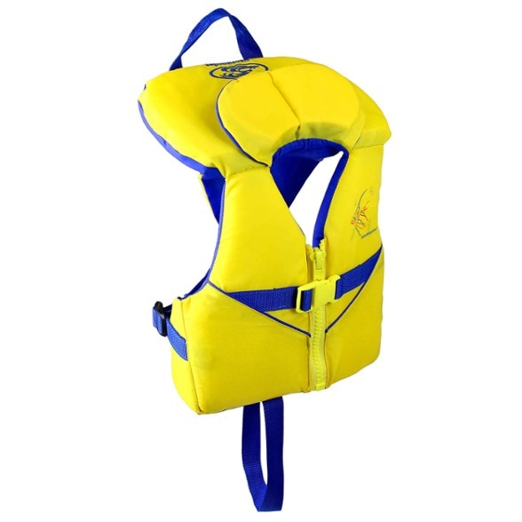 Infant life jacket with padded head support and front zipper, designed for paddling safety.