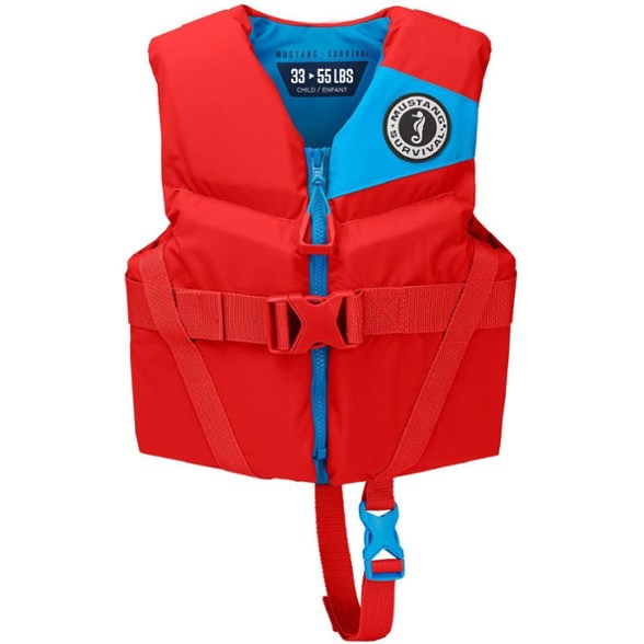 Front view of a child wearing the blue AquaSafe KidPro youth flotation vest while smiling, showcasing its comfortable fit.