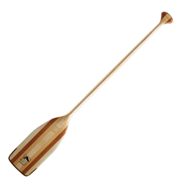 Close-up of the wooden canoe paddle blade with Rockgard tip for durability