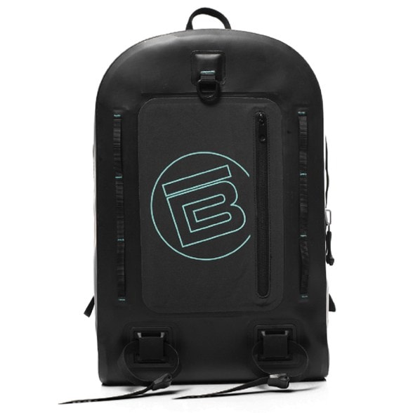 Close-up of Highwater 28L waterproof backpack showing TIZIP zipper and laptop compartment