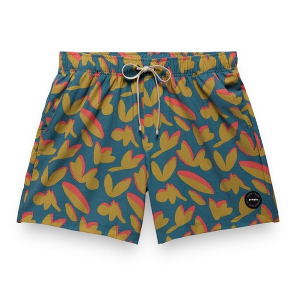 Front view of prAna Metric board shorts with elastic waist and retro wash