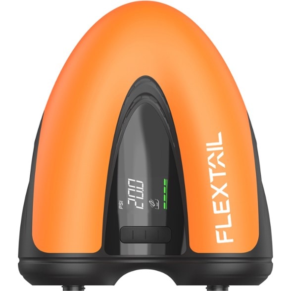 Overhead view of the FlexEvo electric pump connected to a paddle board, showing digital gauge and inflation hose.