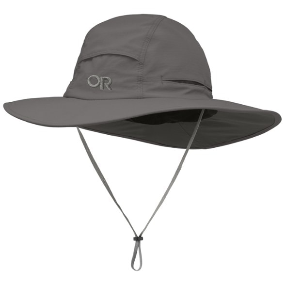 Outdoor Research Sunbriolet UPF 50+ wide brim sun hat on a hiker in the mountains