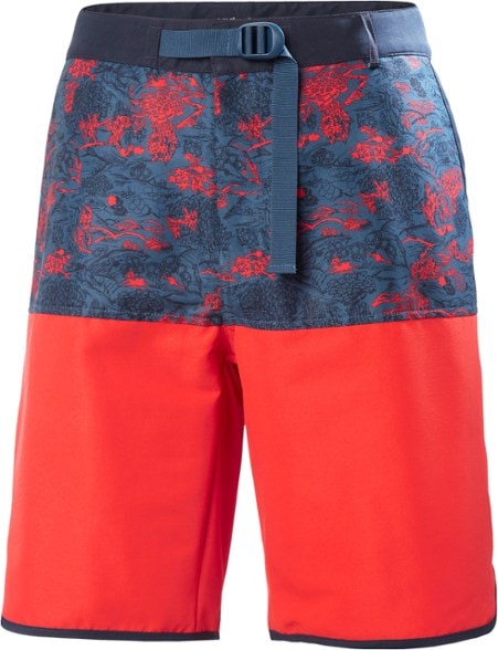 Front angle showing elastic waistband and hand pockets on UPF shorts