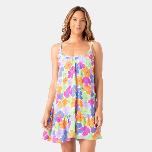 Model wearing the Roxy California Dreamin' midi cover-up dress from the front, showcasing its flowy fit and crinkled fabric.