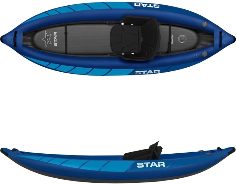 Raven I inflatable kayak in sunny flatwater setting, showcasing its sleek design and portability.