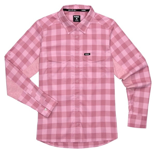 NRS women's fishing shirt modeled during a sunny day on the water.