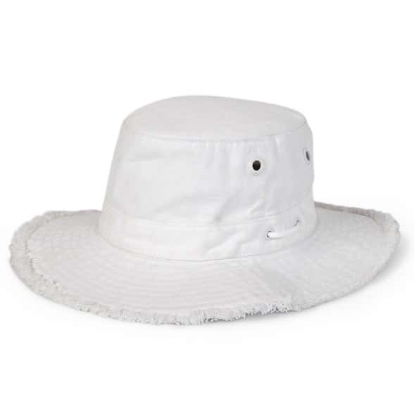 Tilley T3 Fringe Wanderer hat worn outdoors, showcasing its UPF 50+ protection