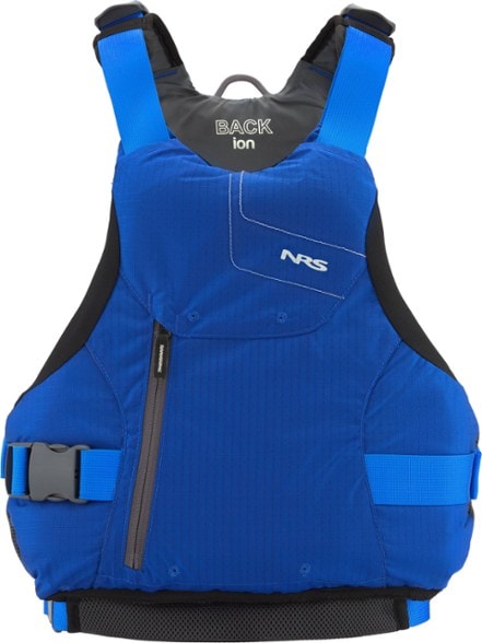 Front angle of GlideCore Kayak PFD showing pocket and buckle design