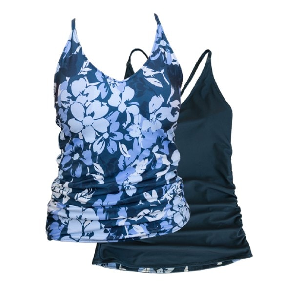 Front view of the Luna reversible tankini, showing V-neck and full-length coverage