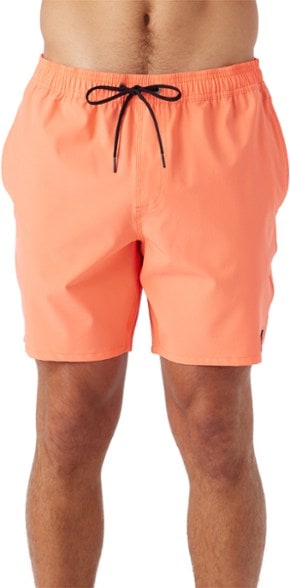 Men's swim trunks with elastic waistband and side pockets, front view