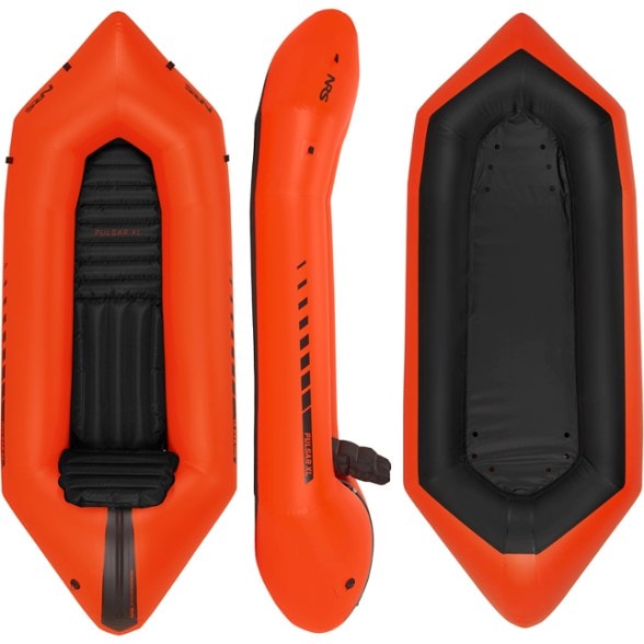 NRS Pulsar XL packraft, inflated and ready for a solo adventure on a calm lake, highlighting its compact and lightweight design.