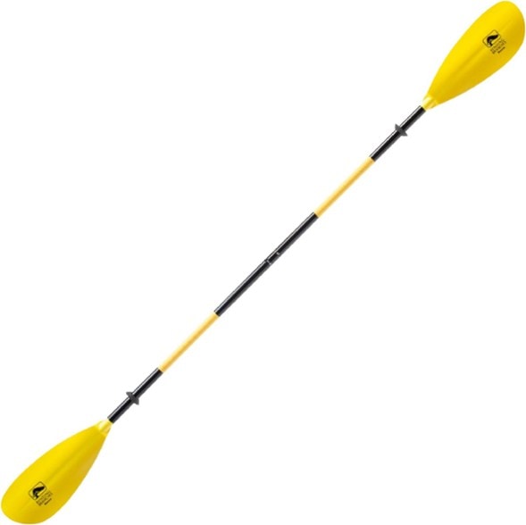 Close-up of polypropylene blade kayak paddle showing the yellow asymmetrical design