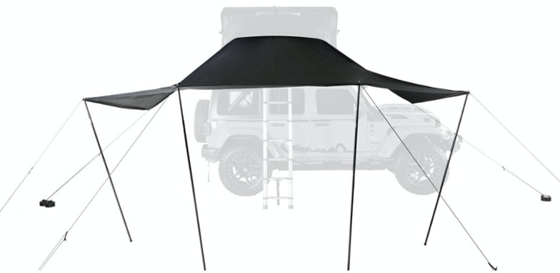 Skycamp Awning 3.0 attached to roof-top tent during rainy camping trip
