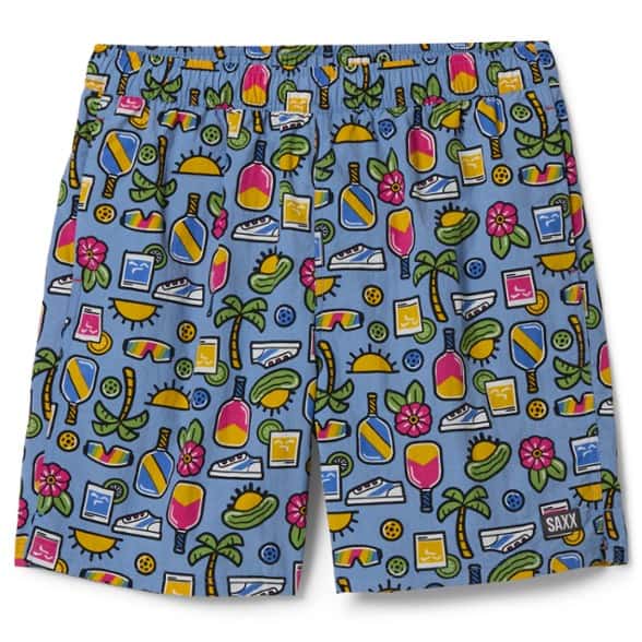 Front view of Coastal Cool Men's 2-in-1 Swim Trunks on sandy beach with ocean