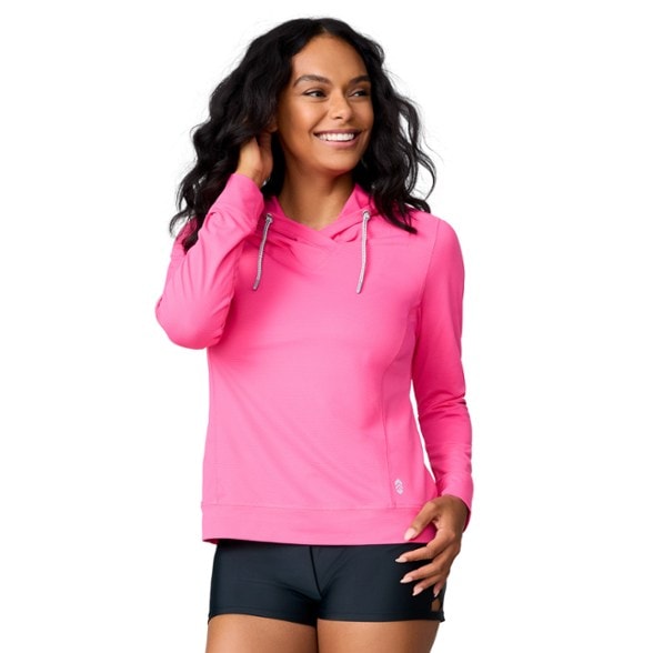 Front view of the women's UPF hoodie showcasing its stylish design and comfortable fit.