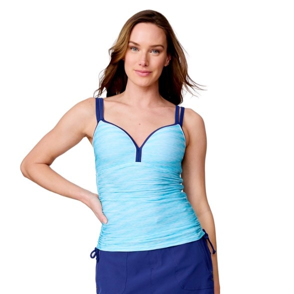 Front view of the Summer Breeze adjustable tankini top showcasing its stylish design and adjustable straps.