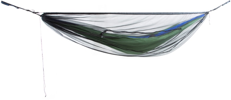 ENO Guardian SL hammock bug net set up in the woods with a hammock inside.