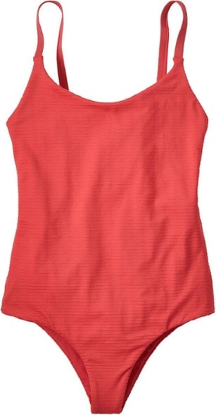 Front view of Patagonia Sunny Tide one-piece swimsuit in Ripple/Coral, highlighting its eco-friendly fabric.