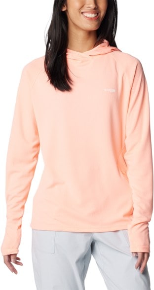 Close-up of Columbia women's outdoor hoodie with UPF 50 sun protection fabric
