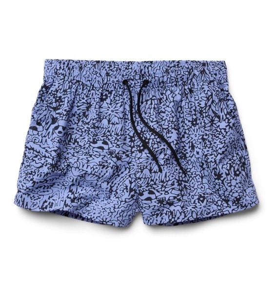 Side view of eco-friendly swim shorts for women, perfect for hiking and alpine lake swimming.