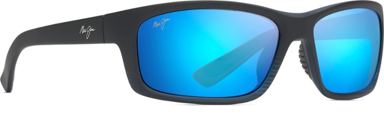 Side view of Maui Jim Kanaio Coast wrap sunglasses in blue Hawaii tint, showcasing the ergonomic design perfect for active use.