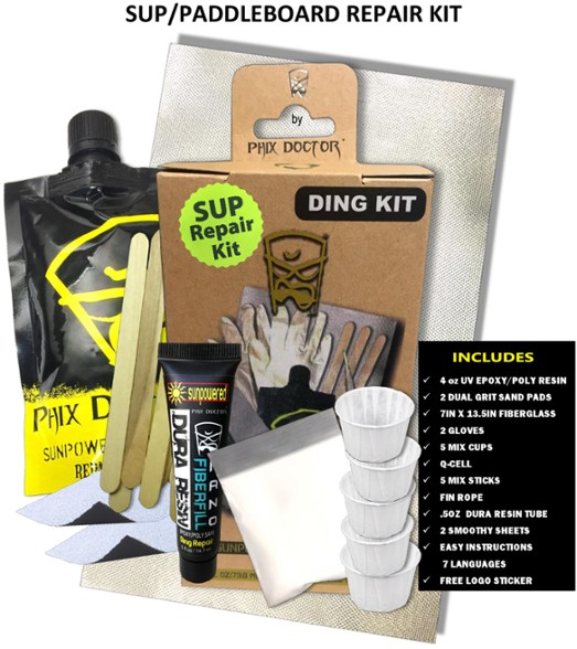 SunPowered UV resin paddle board repair kit with included tools and supplies.