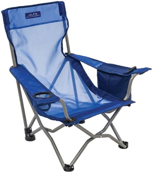 Side view of a person relaxing in the Trailblazer Chill Chair, highlighting its robust design and integrated cooler pocket.