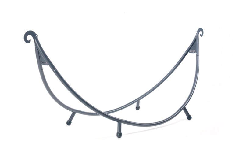 TrailBliss Portable Hammock Stand in use at a campsite, showcasing its stability and nonslip feet