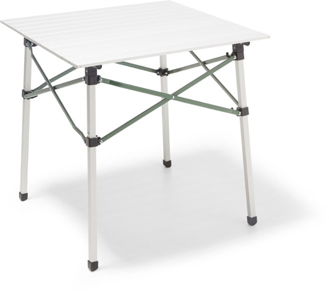 Portable camping table with storage hooks, set up for meal prep in a campground
