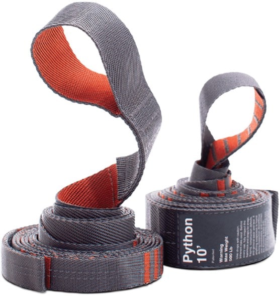 Kammok Python 10 hammock straps hanging on a tree in a forest setting