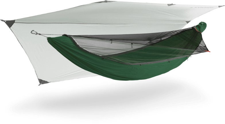 Mantis Recycled hammock tent set up in forest with starry sky view