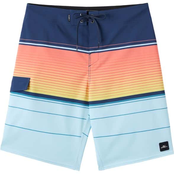 Close-up of Lennox Stripe men's board shorts showcasing quick-dry fabric and side pocket