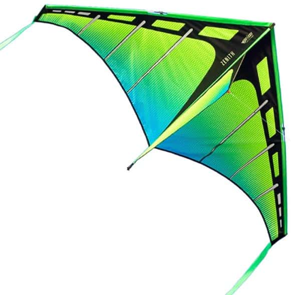 Close-up of the Zenith 5 kite flying against a sunny backdrop, showcasing its vibrant colors and stability.