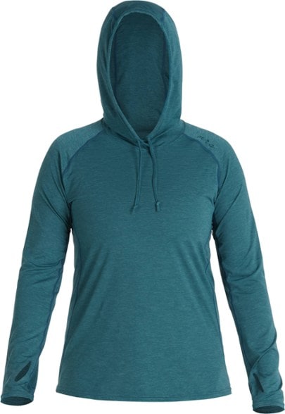 Women's UPF 50 long sleeve hoodie showcasing its moisture-wicking fabric on a sunny beach.