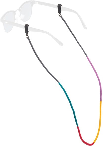 Close-up of handmade eyewear retainer draped over sunglasses