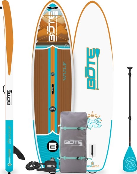 BOTE WULF Aero inflatable paddle board on a calm lake, showcasing its sleek design and stability.