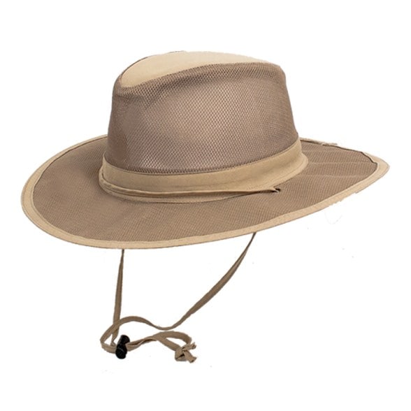 Close-up of lightweight mesh safari hat with UPF 15 protection for hiking