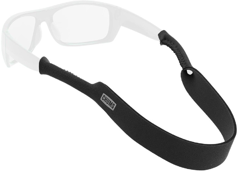 Close-up of AquaFlex neoprene sunglasses strap attached to sunglasses during kayaking