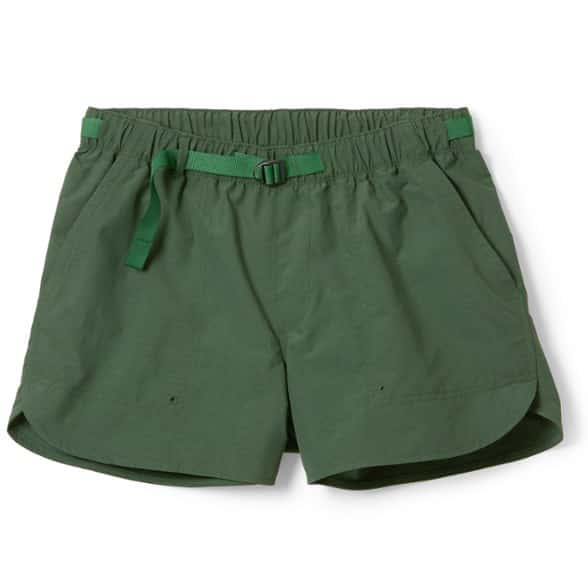 Front view of women's hiking shorts styled with trail shoes – shows fit and waistband detail